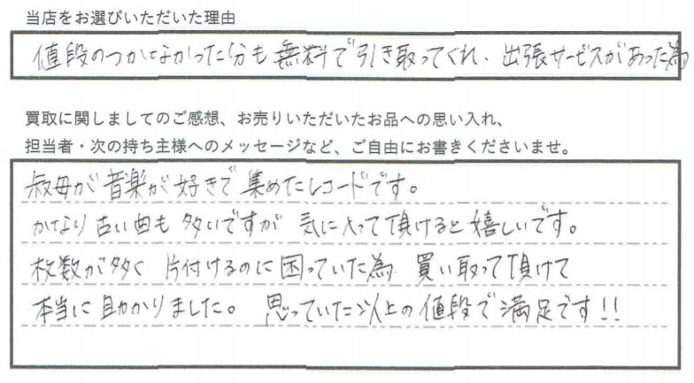 枚数が多く、片付けるのに困っていた為、買い取って頂けて本当に助かりました。思っていた以上の値段で満足です!