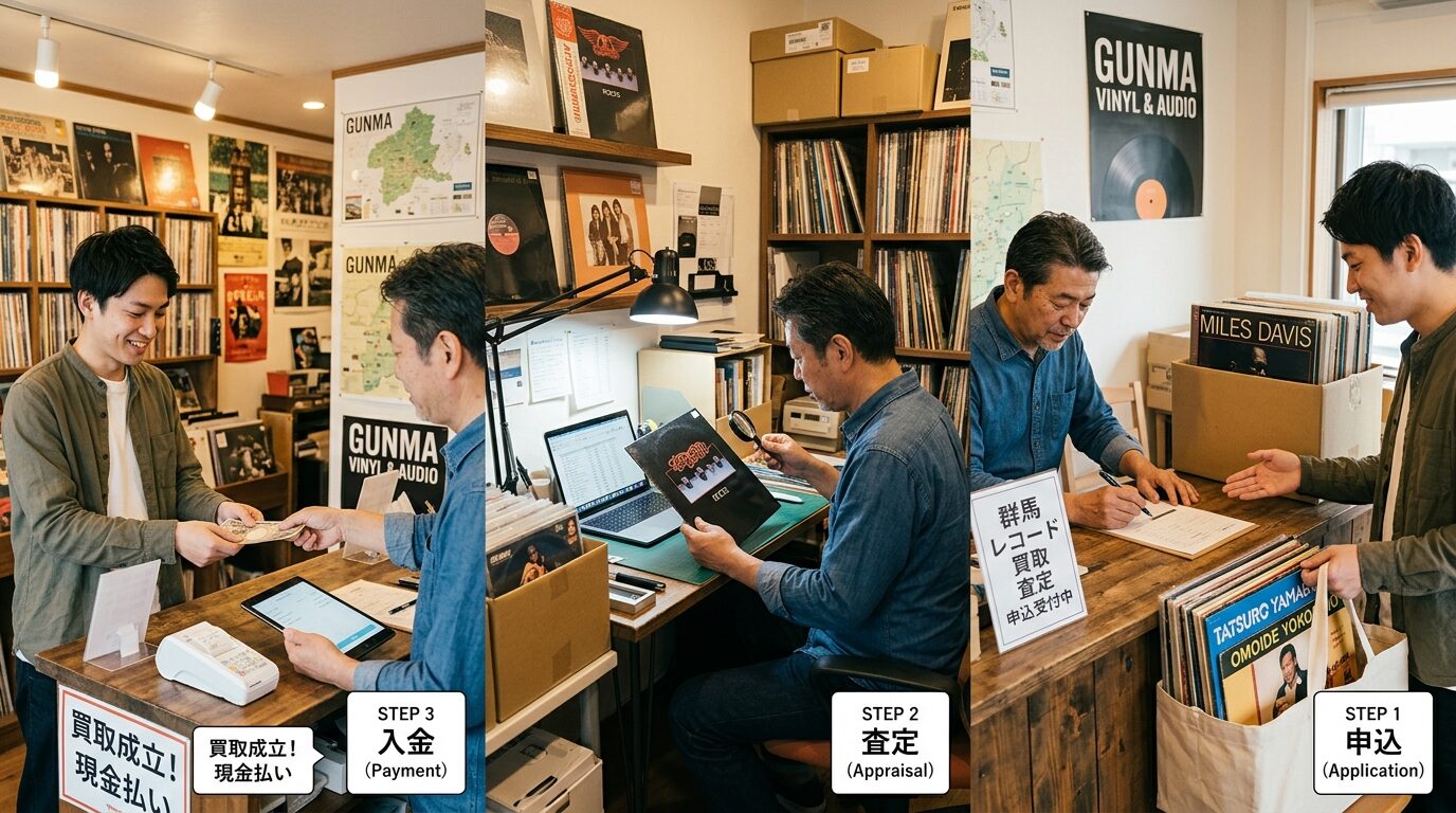 レコード買取の流れ|申込から入金までの3ステップのイメージ画像