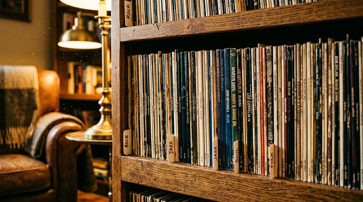 レコード盤面を虫眼鏡で査定する様子