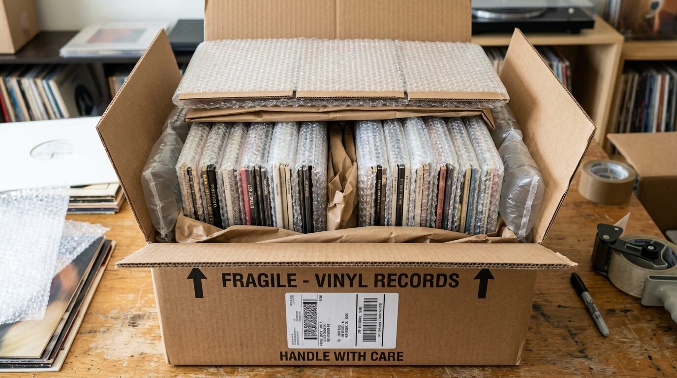 レコードを丁寧に梱包した宅配買取用の段ボール