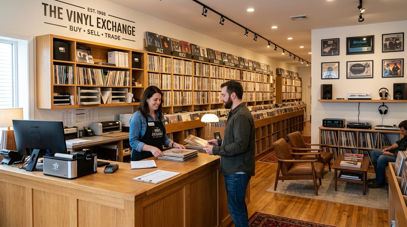 レコード専門買取店の店内カウンター