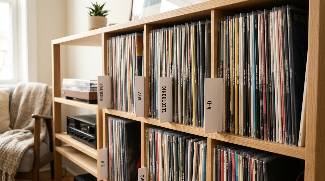 外袋に入れて立てて保管されたレコードコレクション