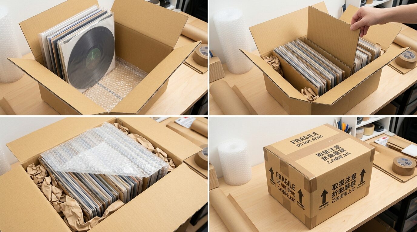 レコードの梱包・発送準備の様子