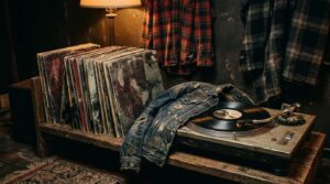 グランジレコードのコレクションとターンテーブル