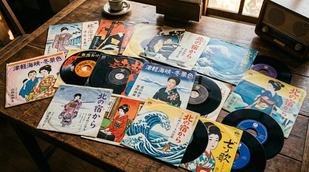 演歌レコードのコレクションが並ぶ様子