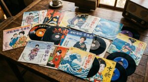 演歌レコードのコレクションが並ぶ様子