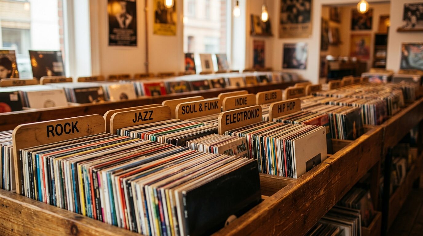 ジャンル別に整理されたレコード棚