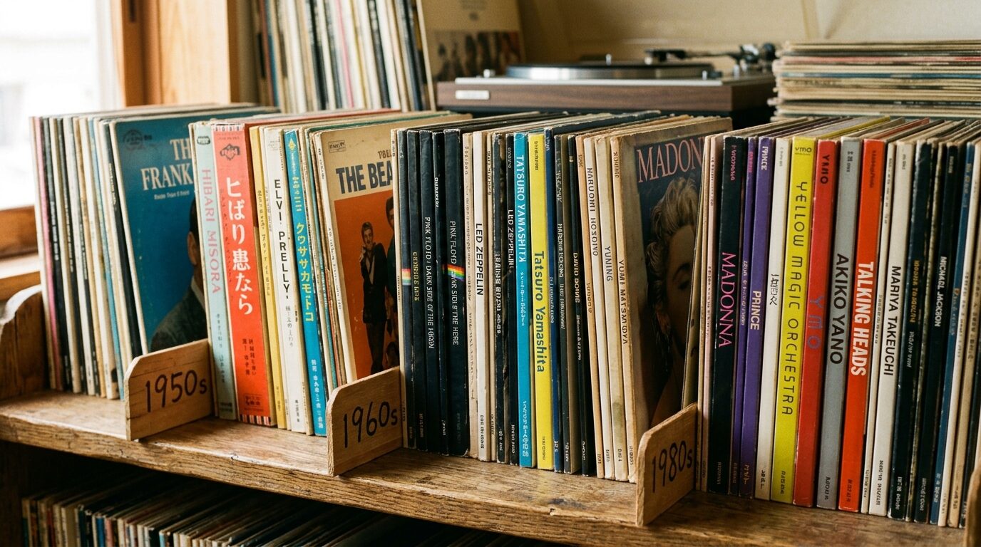 年代別に並んだ古いレコードのジャケット