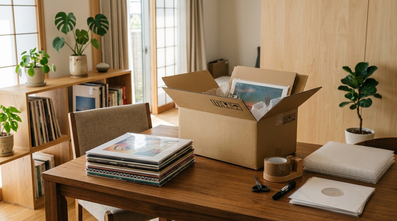 レコードを宅配買取のために梱包する様子