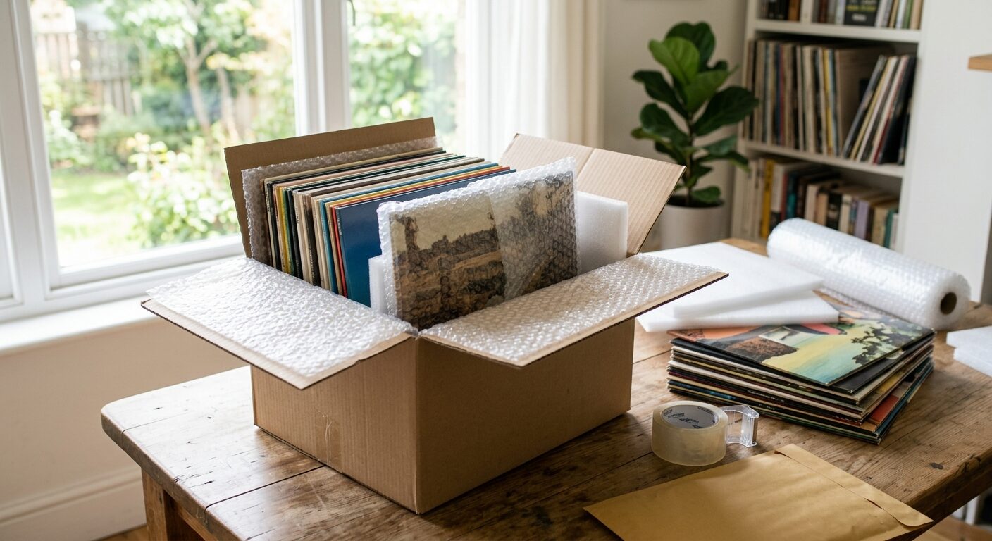 レコードの宅配買取用梱包シーン