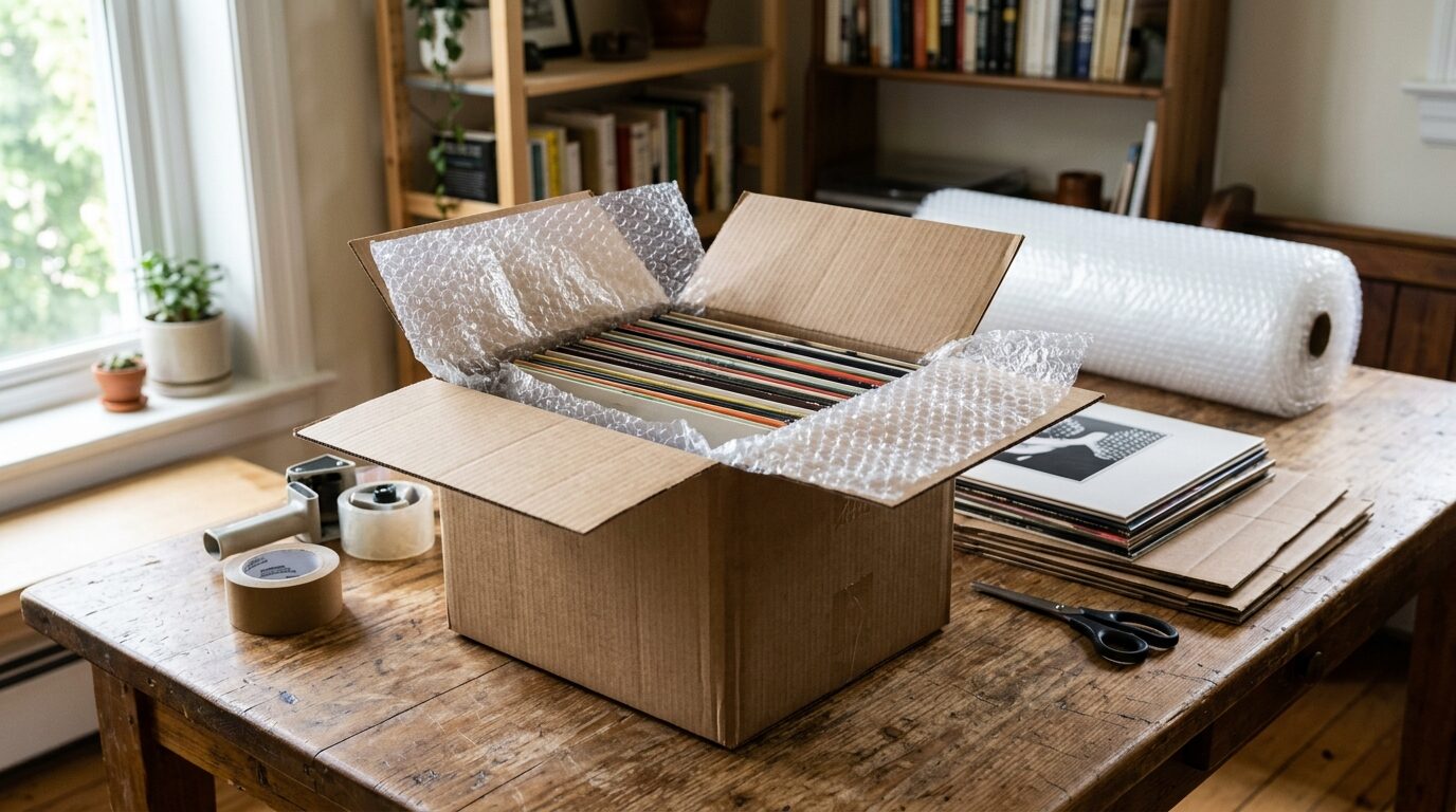 宅配買取でレコードを梱包・発送するイメージ