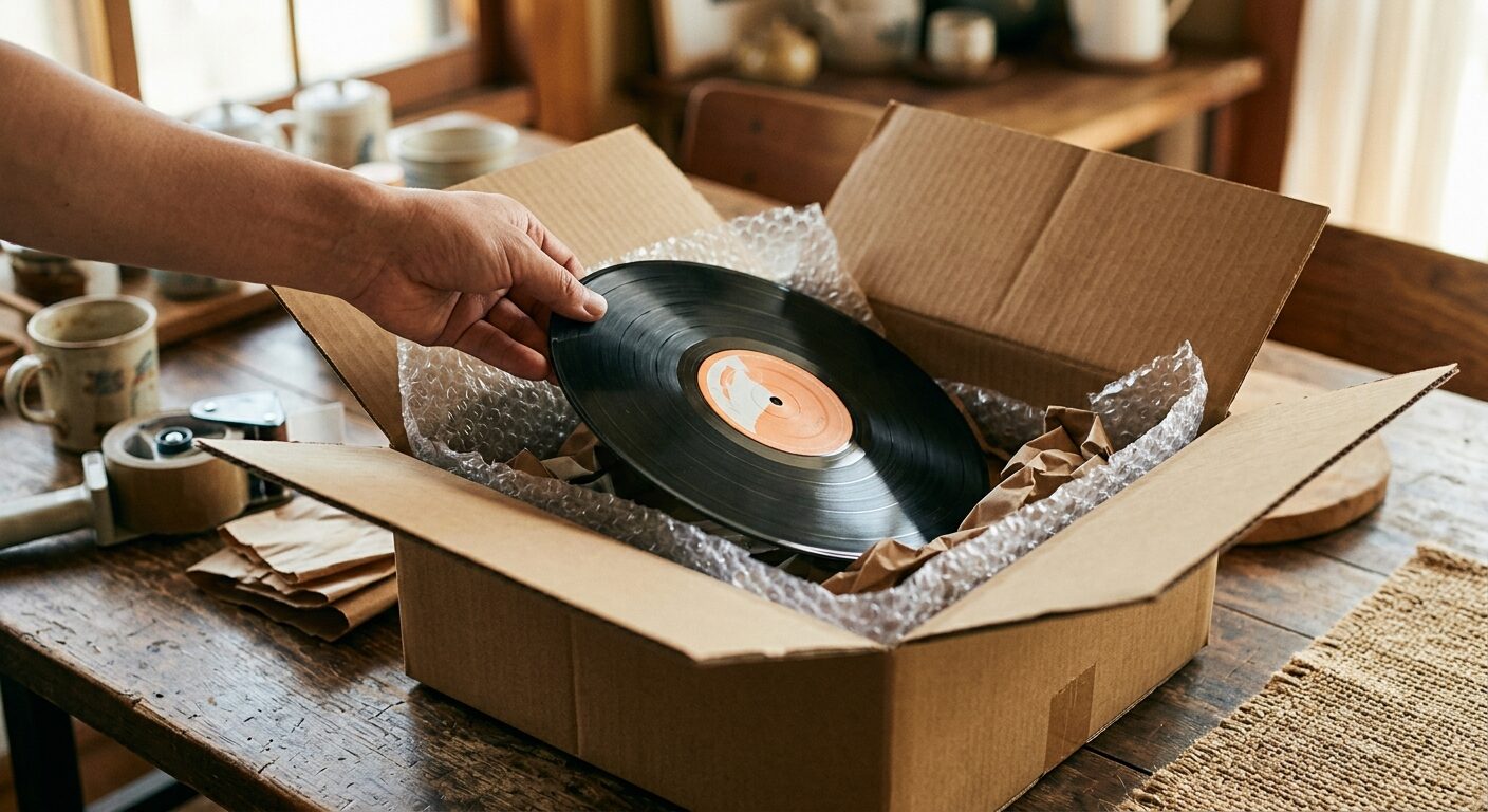 宅配買取でレコードを梱包する様子