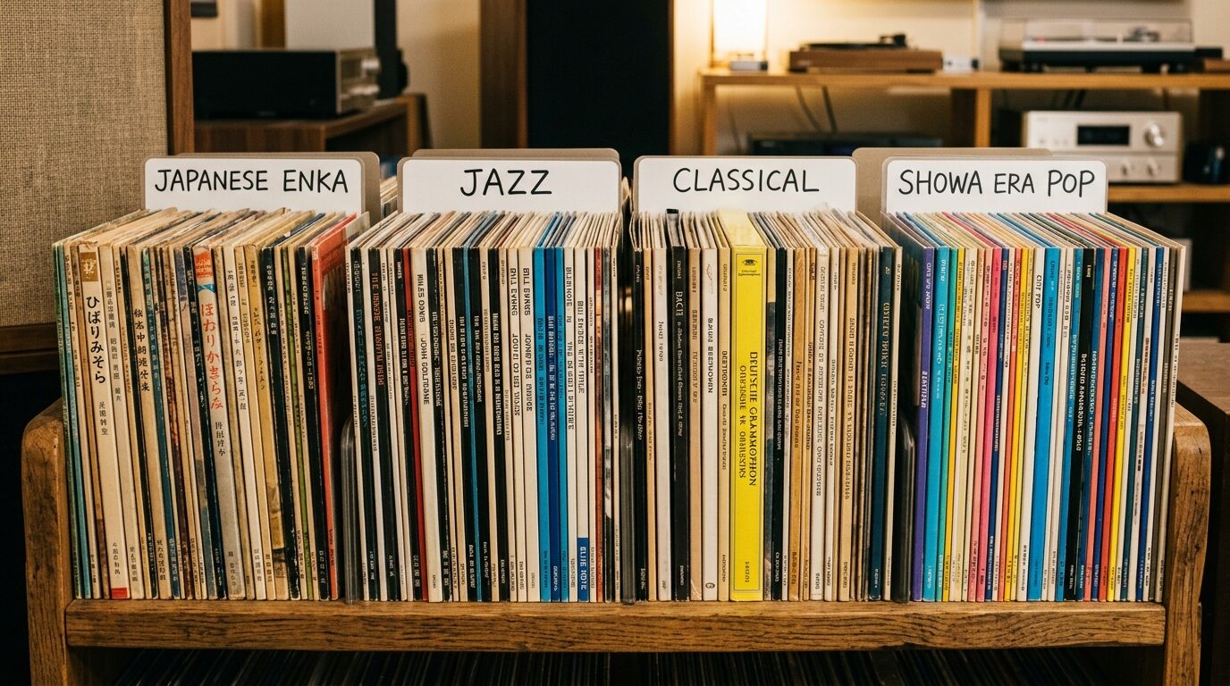 ジャンル別に整理されたレコードの買取相場イメージ