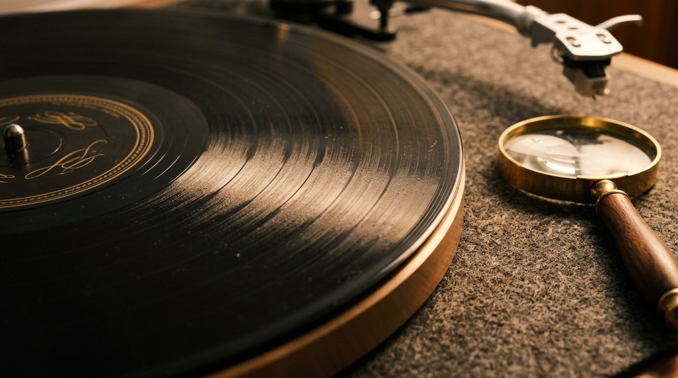 レコード盤面の溝をルーペで確認