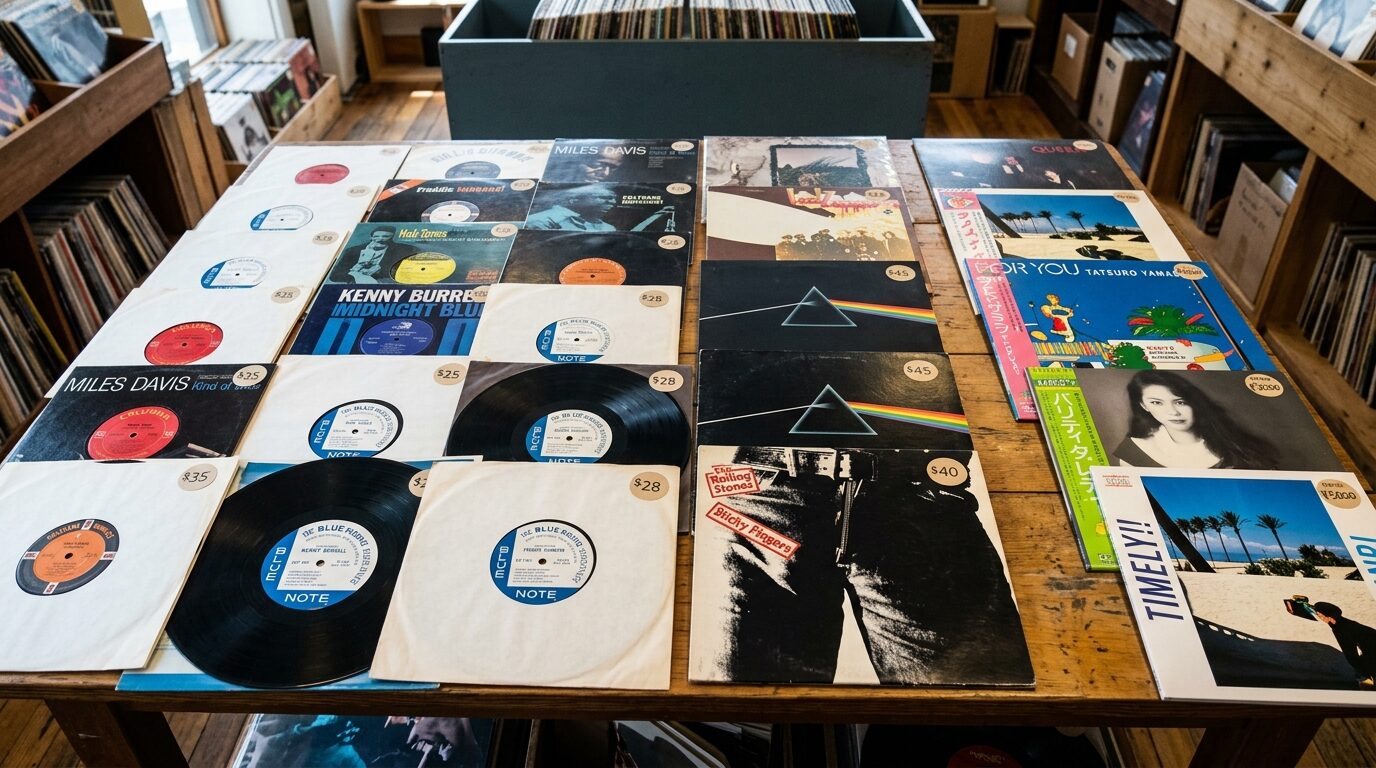 ジャンル別に並べたレコードと買取相場イメージ
