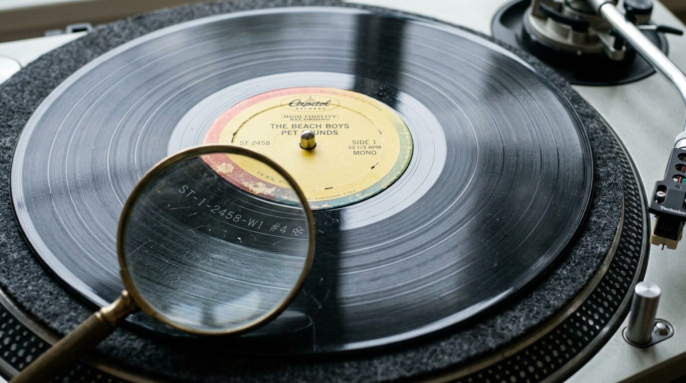 オリジナル盤のマトリクスナンバーを確認する様子