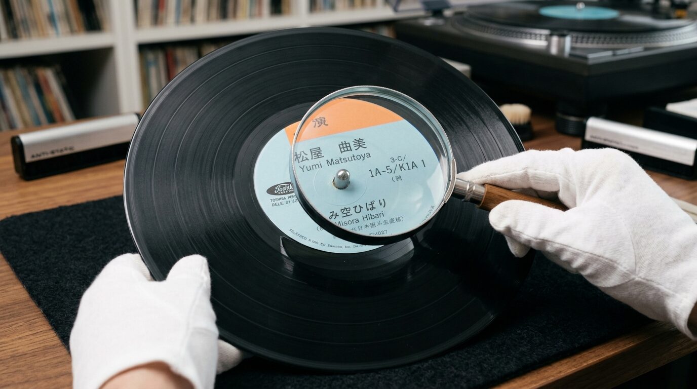 レコードのレーベル面を鑑定する様子