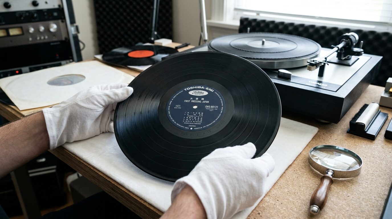 レコードのオリジナル盤を鑑定する様子