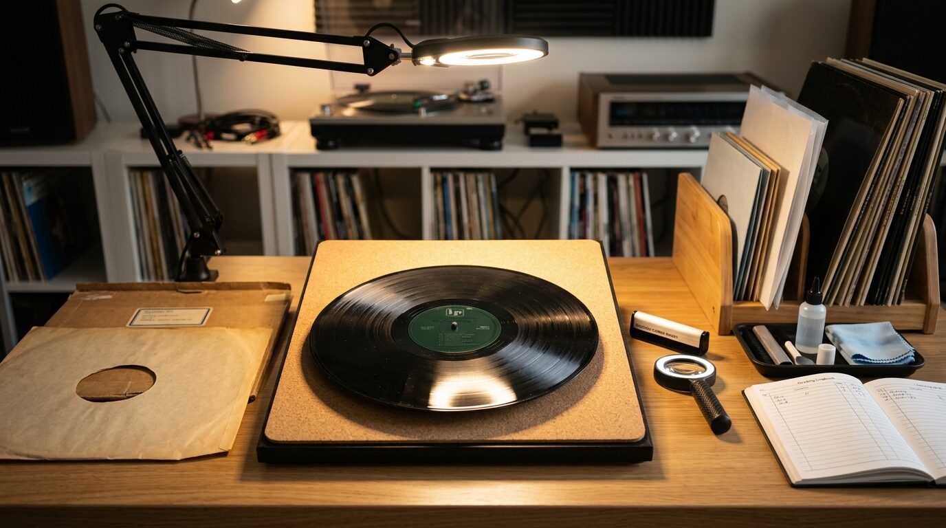 レコードの状態チェックと査定シーン