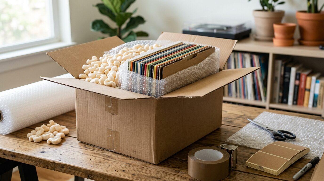 宅配買取でレコードを梱包・発送するイメージ