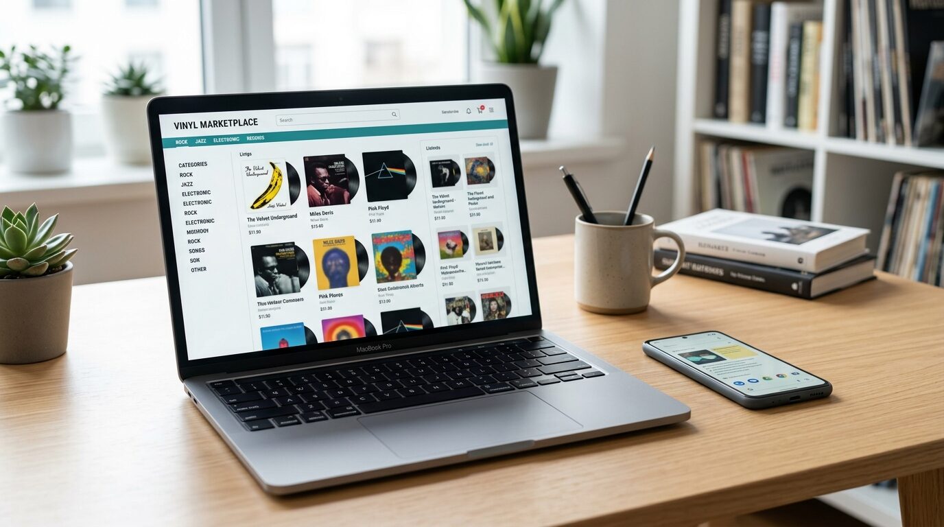 レコード相場をPCで調べる様子