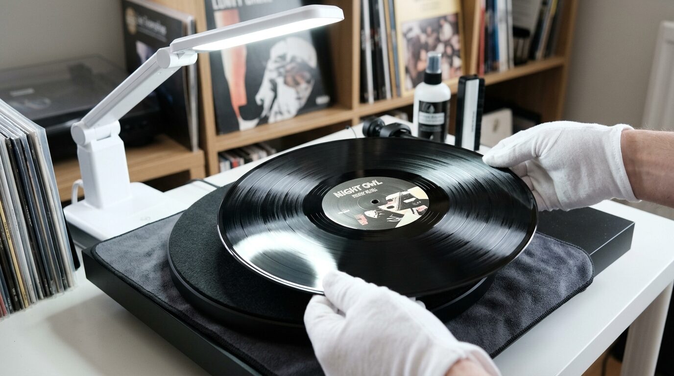 レコードのコンディション査定シーン（NM盤）