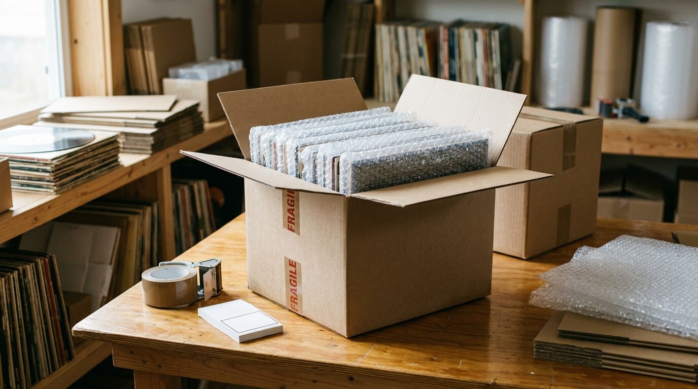 レコード宅配買取の梱包・発送シーン