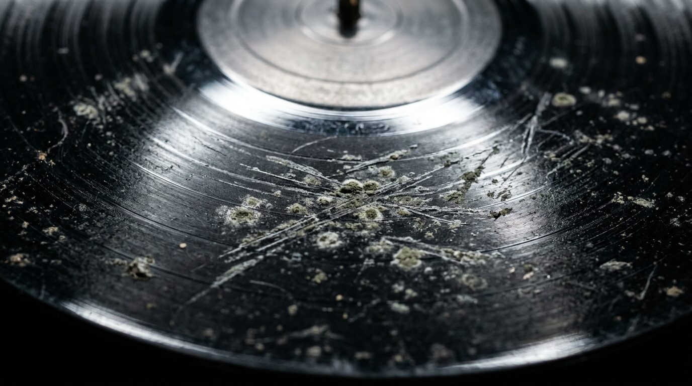 査定額を下げるレコードの傷やカビを確認するシーン