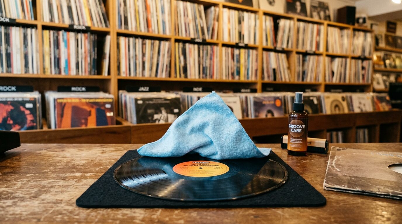 レコードを丁寧にクリーニングする様子