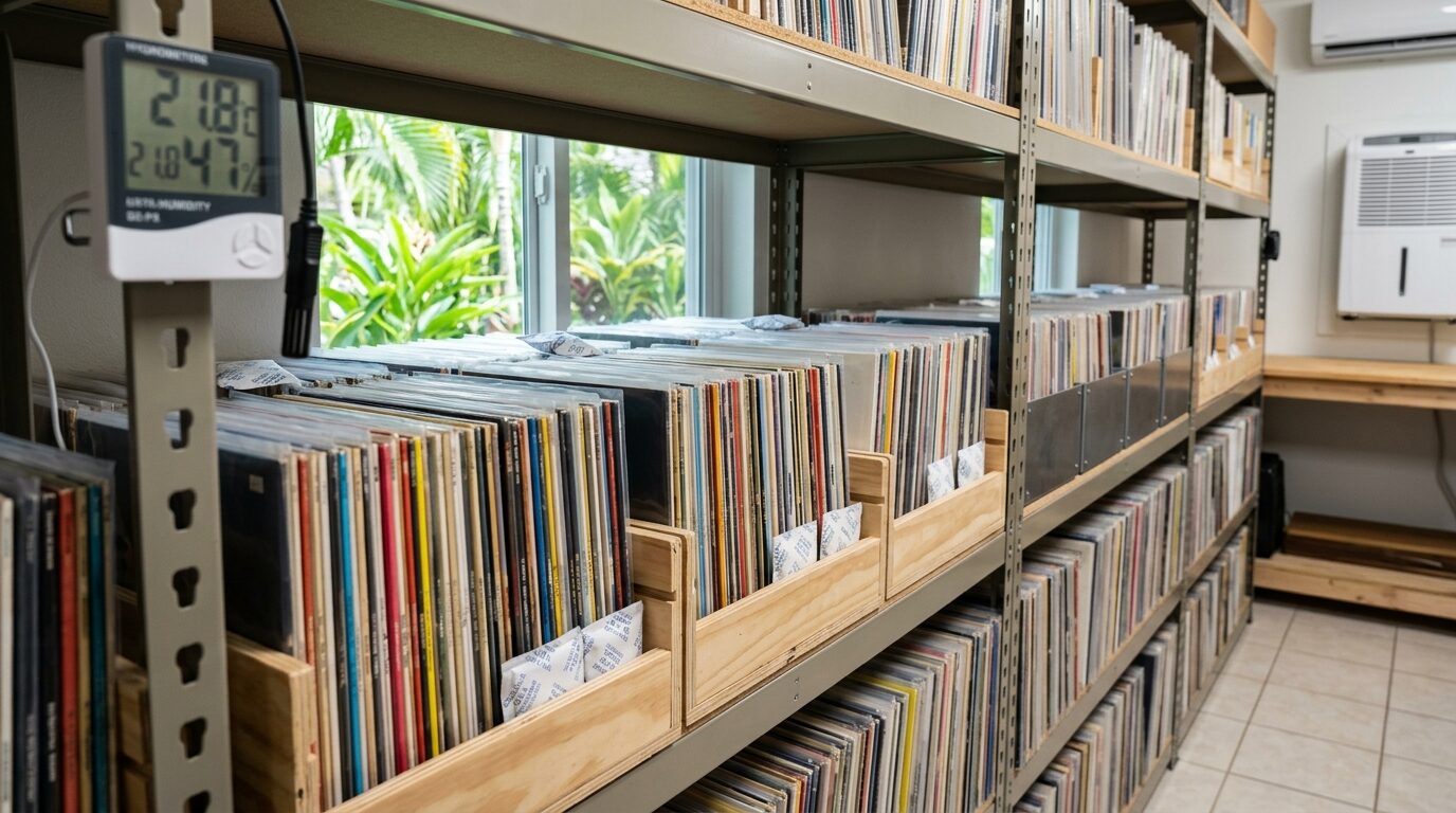 沖縄の湿気対策でレコードを保管する様子