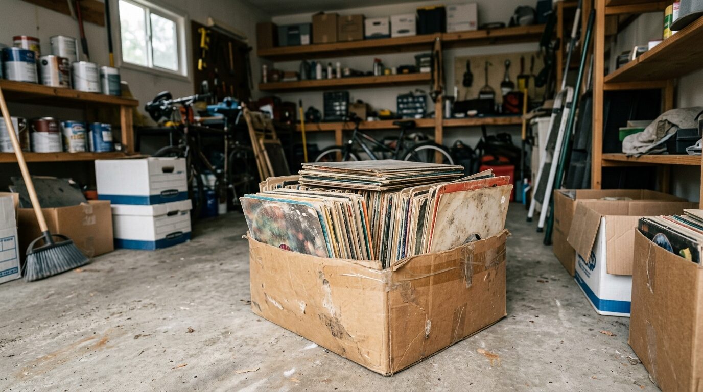 倉庫に保管された古いレコード箱