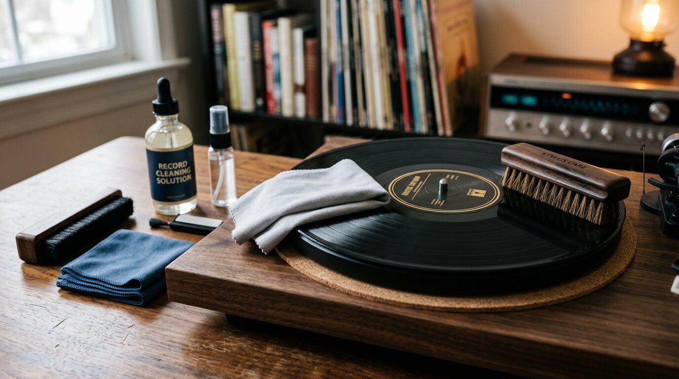 レコードのクリーニングと保管の様子