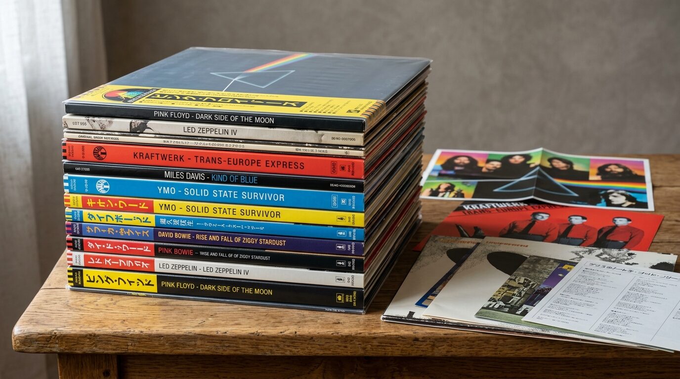 レコードの付属品と帯を揃えた査定準備