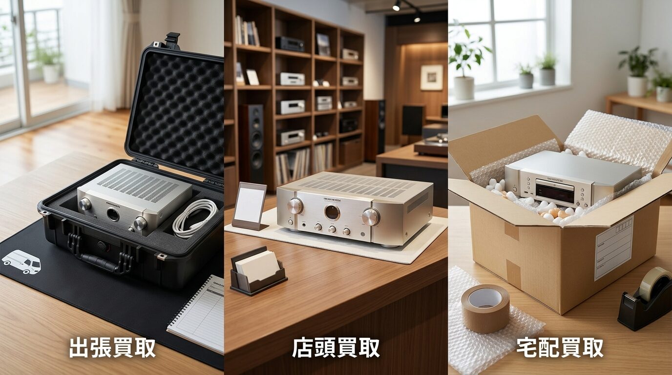 3つの買取方法（出張買取・店頭買取・宅配買取）のイメージ