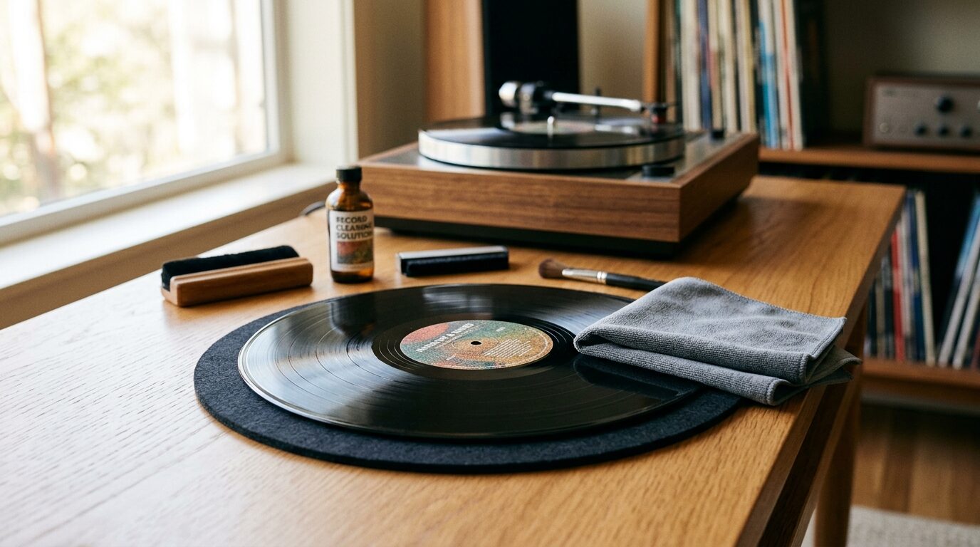 レコードをクロスで丁寧に拭く様子