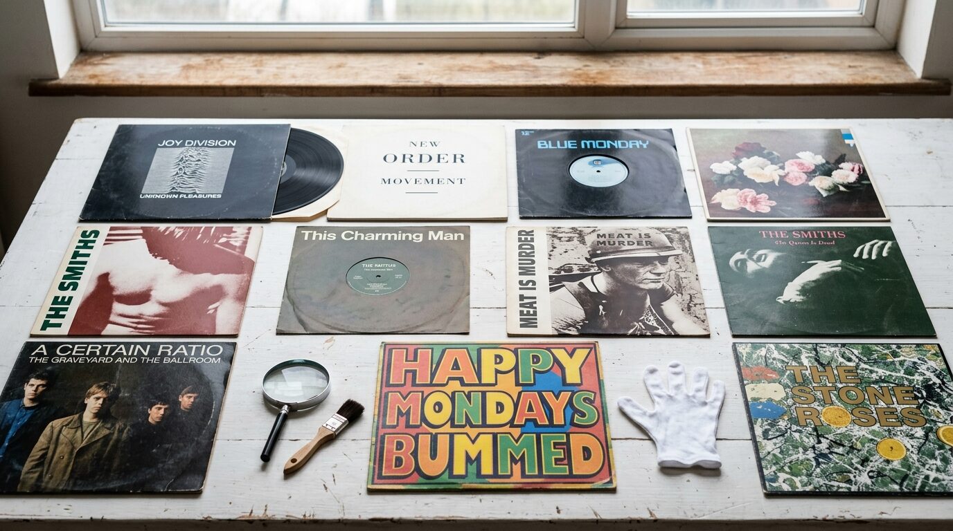 帯付き国内盤レコードと付属品の確認作業