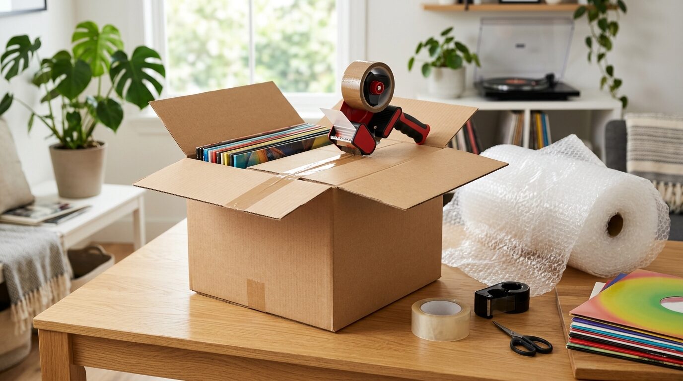 宅配買取でレコードを発送する様子