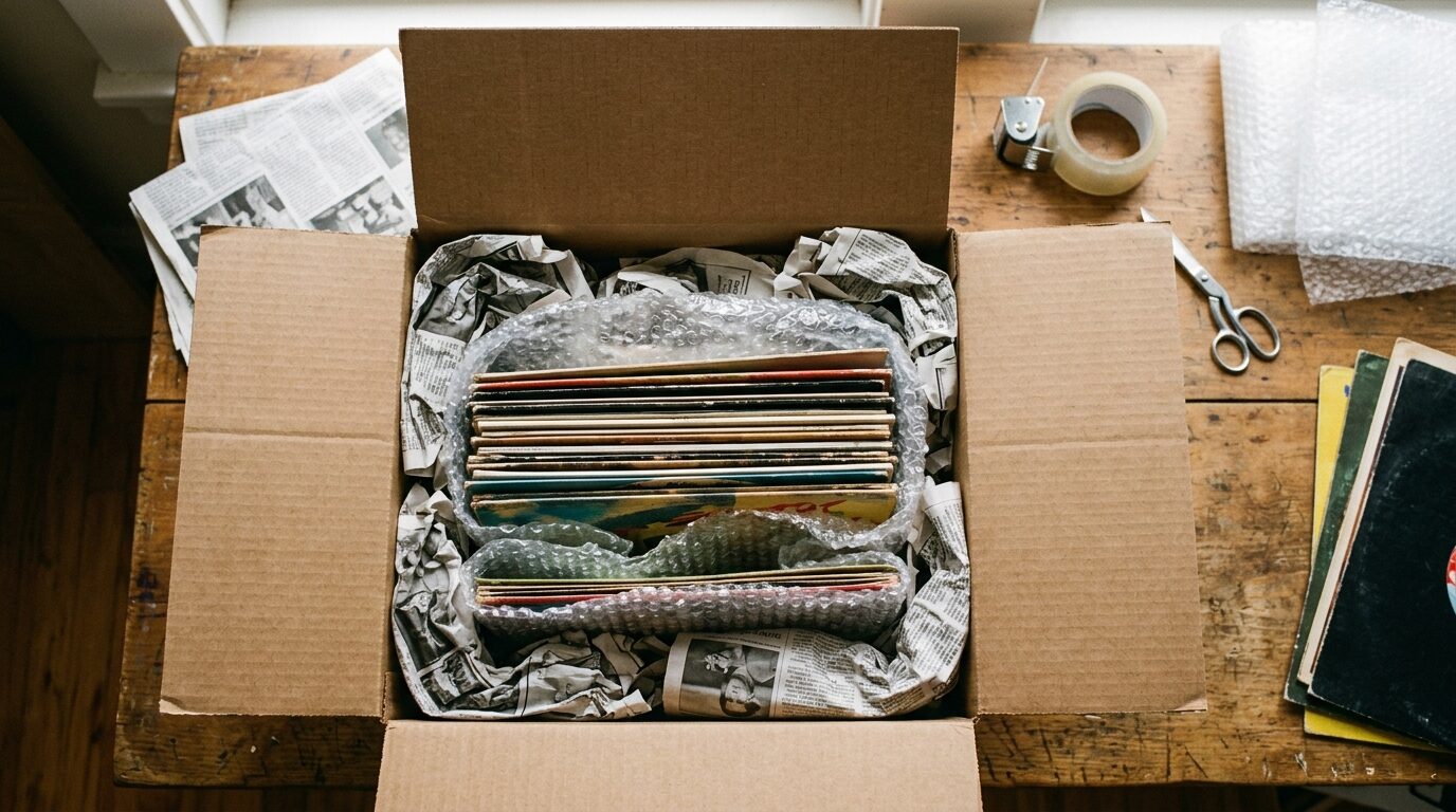 レコードの宅配買取用梱包作業