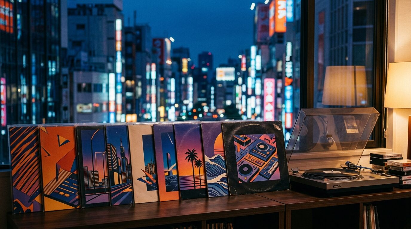 シティポップレコードと都市夜景イメージ