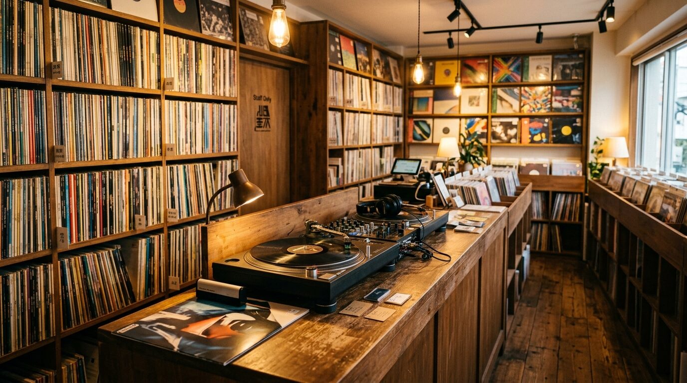 専門スタッフがレコードを査定する店内