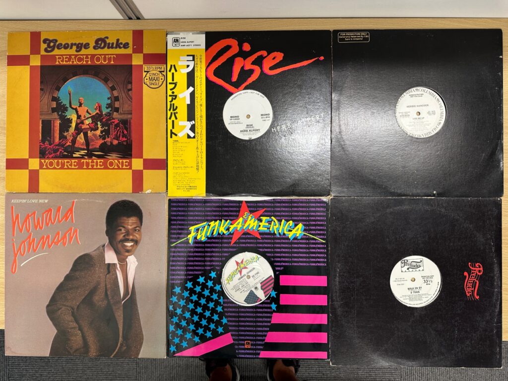 ソウルやファンク系のレコードジャケット6枚。George Duke、Herbie Alpert、Howard Johnson、D Trainなど。